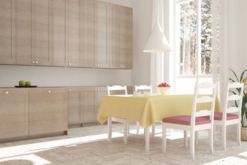 White modern dinner room. Scandinavian interior design. 3D illustration