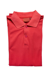 Top view of red polo shirt on a white background