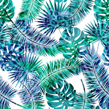 Fototapeta Piękny bezszwowy wektorowy kwiecisty lato wzoru tło z tropikalnymi palmowymi liśćmi i zwierzęcymi drukami. Idealny do tapet, tła strony internetowej, tekstur powierzchni, tkaniny.