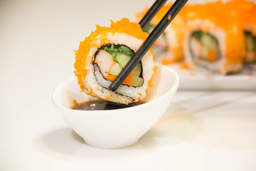 Egg imitation crabmeat cucumber roll sushi