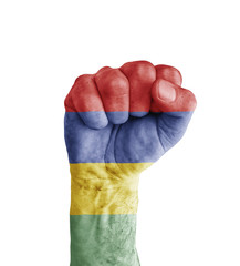 Flag of Mauritius painted on human fist like victory symbol