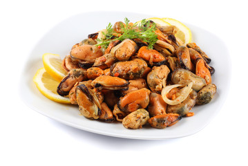 marinated mussels isolated on white background