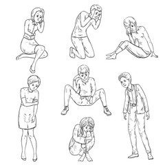 People with depressed emotions in different poses. Vector illustration in sketch style