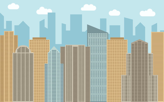 Vector urban landscape illustration. Street view with cityscape, skyscrapers and modern buildings at sunny day. City space in flat style background concept.
