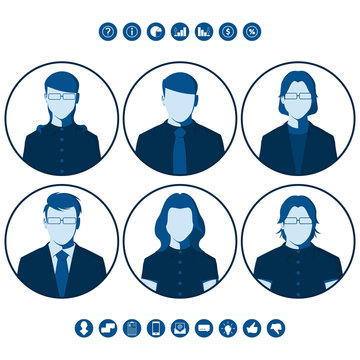 Flat Silhouettes Of Business People For User Profile Picture. Round Icons With Male And Female Portraits. Set Of Vector Avatars.