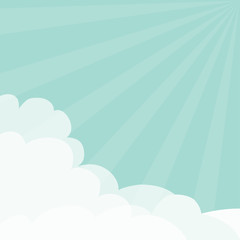 Blue sky. Sun light rays burst. Sunshine Fluffy Cloud in corners frame template. Cloudshape. Cloudy weather. Flat design. Background. Isolated