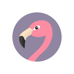 Fototapeta premium Pink flamingo head face with long neck. Round circle icon. Exotic tropical bird. Zoo animal collection. Cute cartoon character. Decoration element. Flat design. White background. Isolated.