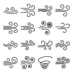 Wind icons. Black line symbols isolated on a white background. Editable stroke. Vector illustration