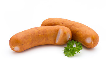 Sausage and spices isolated on white background, fresh delicious frankfurter.