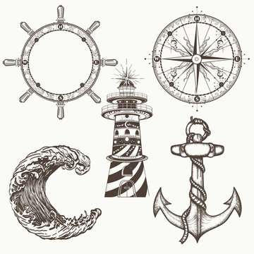 Sea collection vintage elements vector. Anchor, steering wheel, compass, lighthouse, sea wave. Symbols of sea adventure voyage, tourism, outdoor. Hand drawn retro sea set