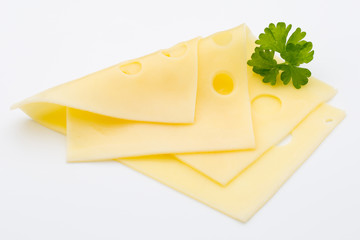 Cheese slices on white background cutout.
