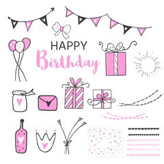 Birthday party icon set, black and pink colors.