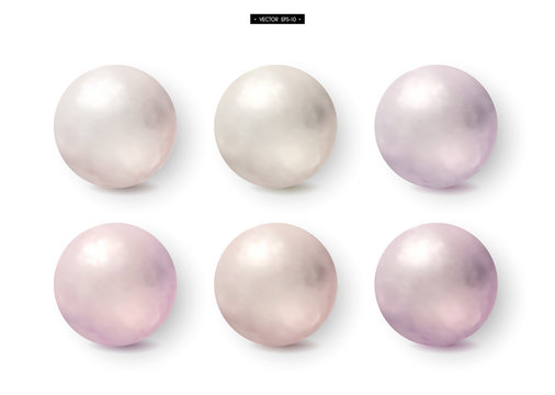 3d white and pink realistic pearls. Jewelry. Set of volumetric shapes for design. Vector illustration of EPS10	