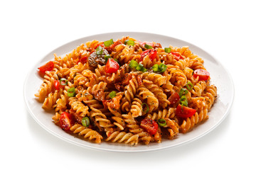 Pasta with tomato sauce on white background