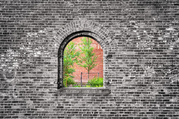 Window in black and white brick wall with green trees, imprisoned nature conceptual photo.