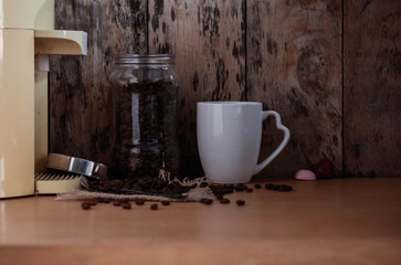 Coffee cup on table.