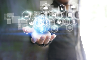 Global technology with social icons. Social media concept