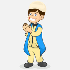 cute cartoon character moslem boy with hands up, pray to god with happy face