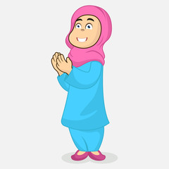 cute cartoon character moslem girl with hands up, pray to god with happy face