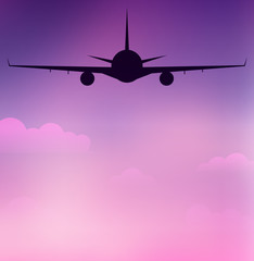 Illustration of flying silhouette of an airplane on background of the sky with setting sun with clouds. Vector element for presentations and your design