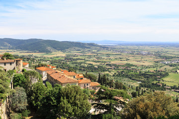 Fototapeta na wymiar Cortona - view towards southeast part of Val di Chiana, an alluvial valley in Tuscany, reaches Lake Trasimeno 