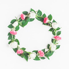 Flowers composition. Frame made of fresh rose flowers. Flat lay, top view