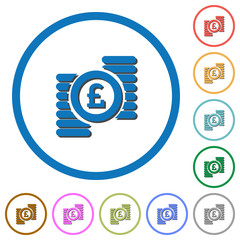 Pound coins icons with shadows and outlines