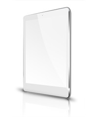 Realistic tablet computer with blank screen and reflection isolated on white background. 3D illustration.