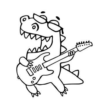 The dragon playing the electric guitar in black glasses. Vector illustration.