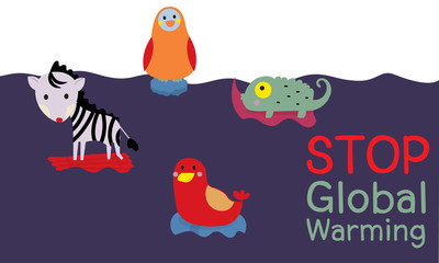 Animals in flood cartoon vector for Global warming work