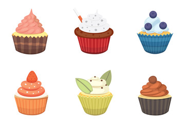 Set of cute vector cupcakes and muffins. Colorful cupcake isolated for food poster design.