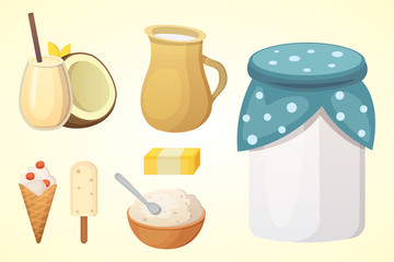 Fresh organic milk products set with cheese