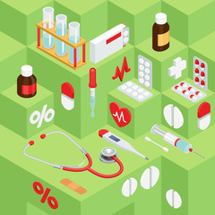 Flat symbols for ad about pharmacy, medical items