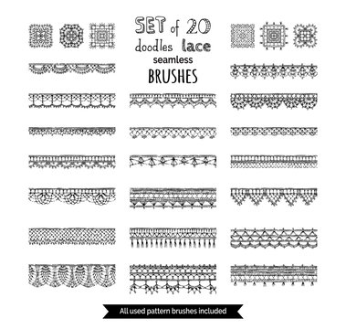 Vector set of 20 doodles lace seamless brushes.