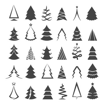 Simple christmas tree icons isolated on white background. Vector drawing xmas trees stylized black silhouette symbols
