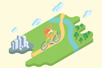 Bicycle Track Summer Vacation. Flat Isometric Art. Travel Vector Illustration.