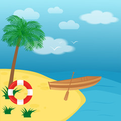 Sailing boat, ship, rowboat with wooden paddle and buoy in the sea or ocean.
