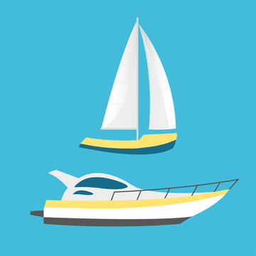 Collection of nautical vehicles: sail boat, ship, vessel, luxury yacht, speedboat.