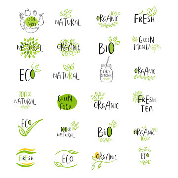 Set of vector eco, bio green logo or sign. Vegan, raw, healthy food badge