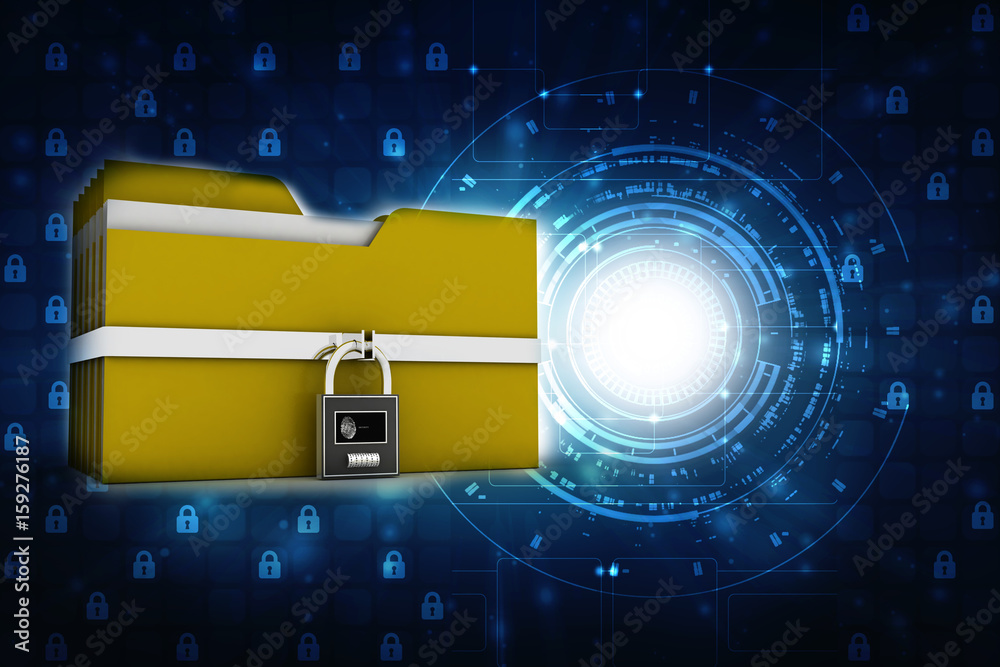Poster yellow folder and lock. data security concept. 3d rendering