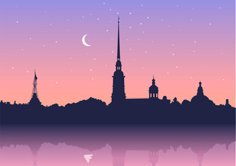 Peter and Paul Fortress, Saint-Petersburg, Russia. View from Neva river. Russian cityscape silhouette vector background