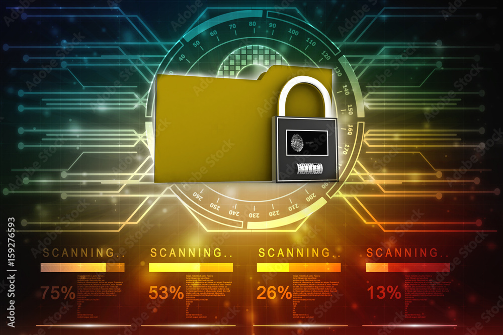 Poster yellow folder and lock. data security concept. 3d rendering