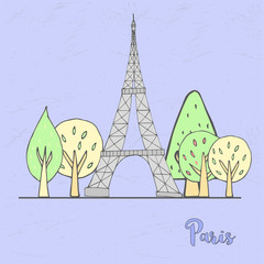 Hand drawn Paris scene, vintage France. Vector urban banner with trees and Eiffel Tower for postcards or web.