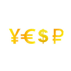 Polygonal ruble yen dollar euro signs