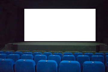 Empty movie cinema with raws of blue seats