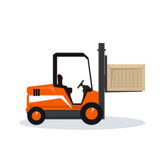 Orange Forklift Truck Isolated on White Background, Vehicle Forklift Picks up a Box, Vector Illustration