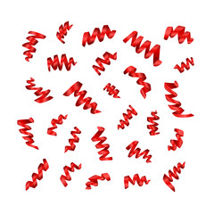 Vector isolated realistic set of holiday red serpentine ribbons on the white background.