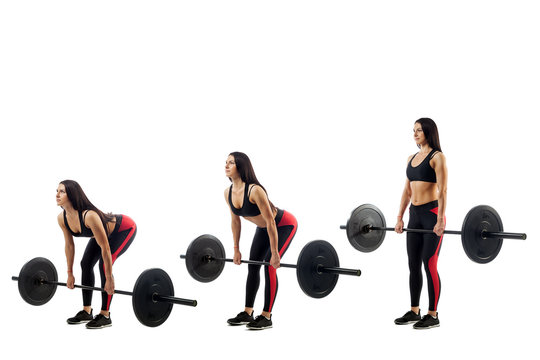 The technique of doing an exercise of deadlift with a barbell of a young sports girl on a white isolated background, three positions
