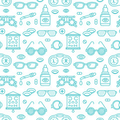 Ophthalmology, eyes health care seamless pattern, medical vector blue background. Optometry equipment, contact lenses, glasses line icons. Vision correction repeated illustration for oculist clinic.