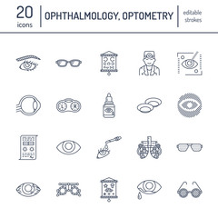 Ophthalmology, eyes health care line icons. Optometry equipment, contact lenses, glasses, blindness. Vision correction thin linear signs for oculist clinic.